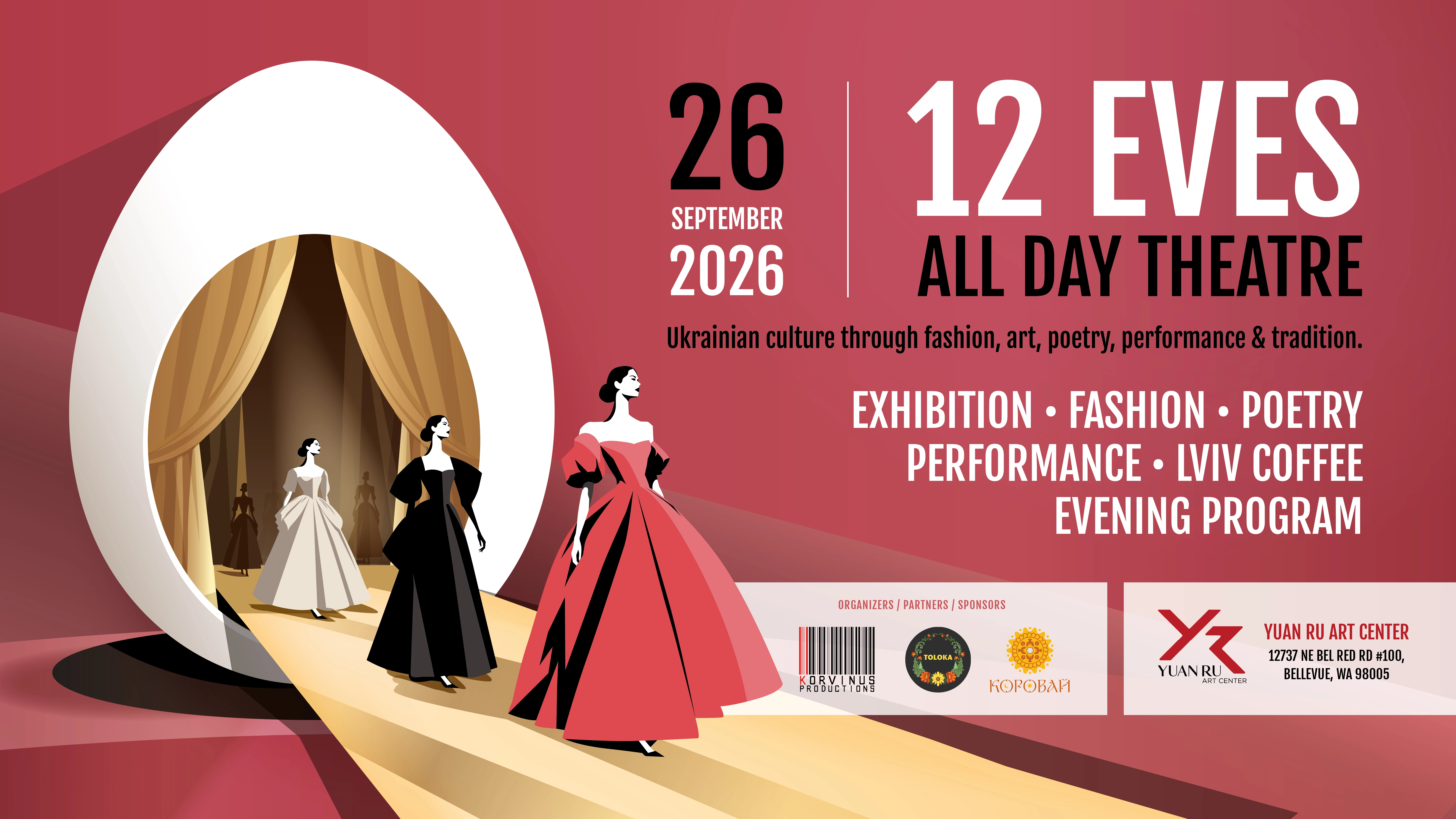 All Day Theatre — September 26, 2026, Yuan Ru Art Center, Bellevue. An immersive Ukrainian art and culture experience.